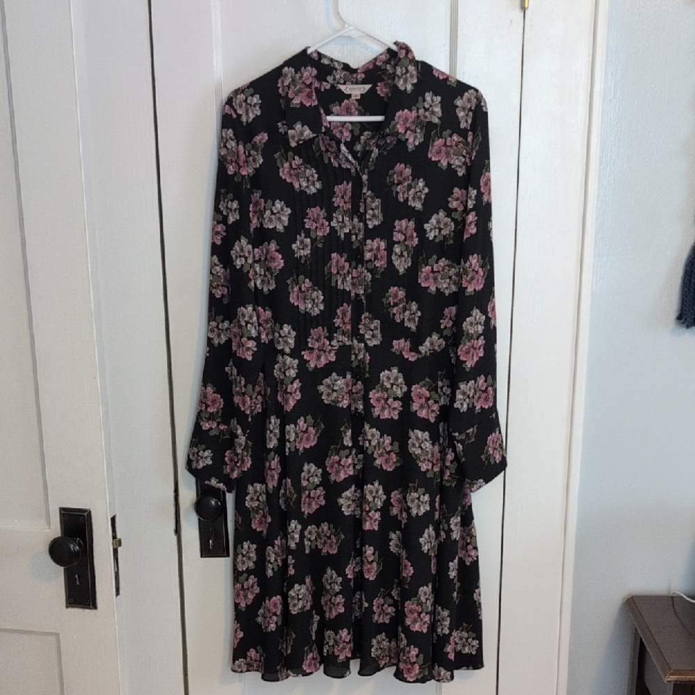 Nanette Lepore Black and Pink Floral Long Sleeve Shirt Dress